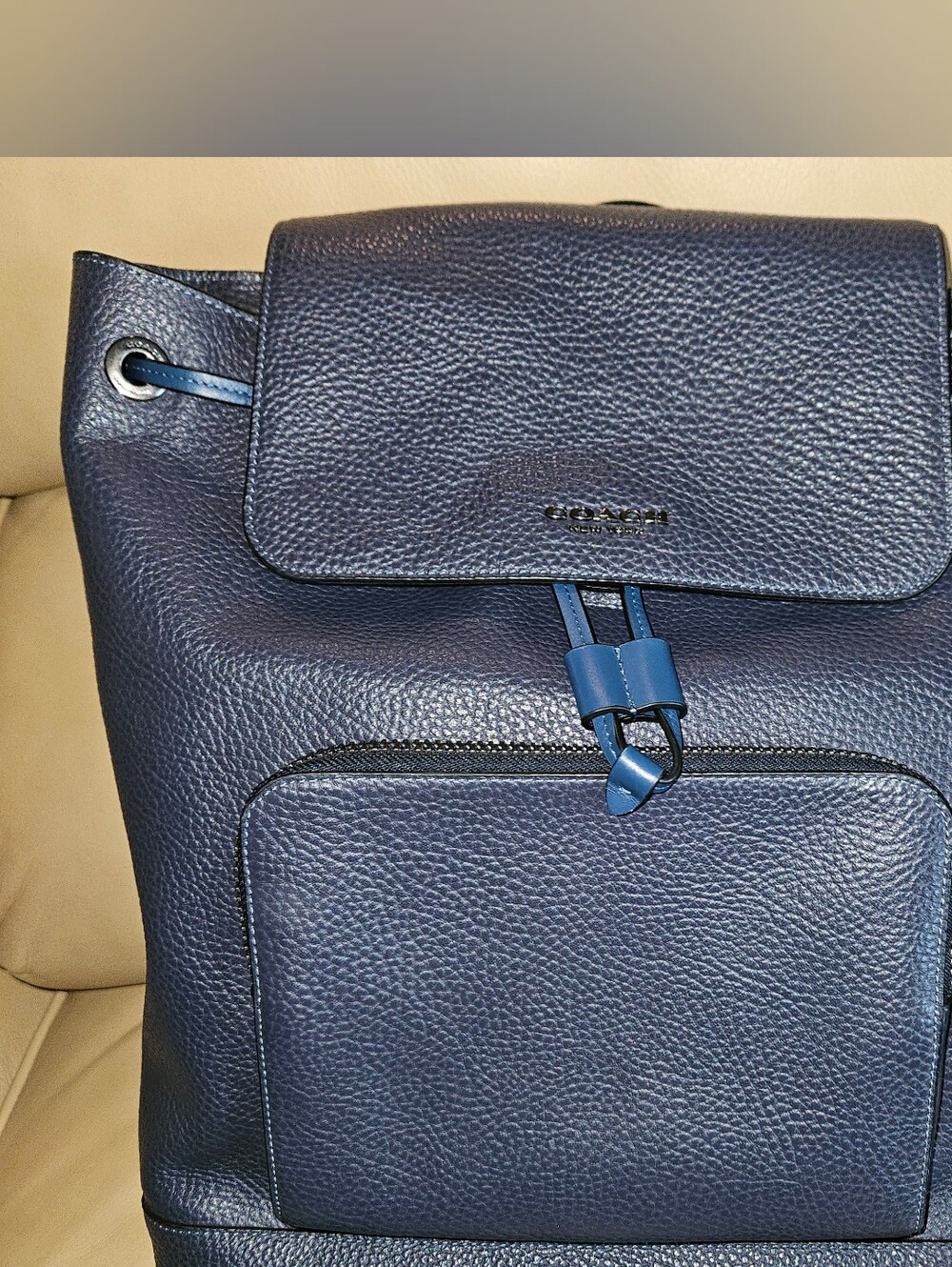 Beautiful Coach Turner Polished Pebbled Leather Navy Blue Backpack C4134 EUC